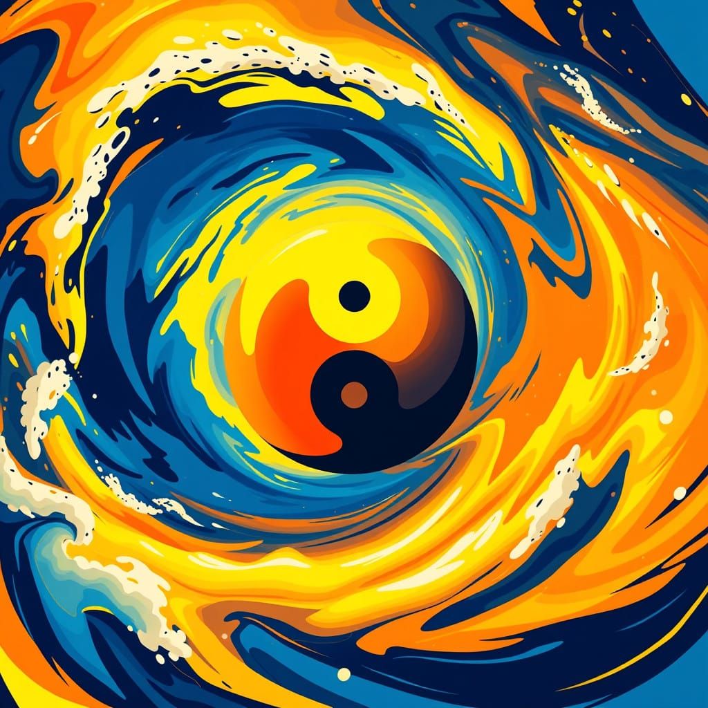 Symmetrical Yin-Yang Storm Centerpiece in Bold, Triadic Colo...