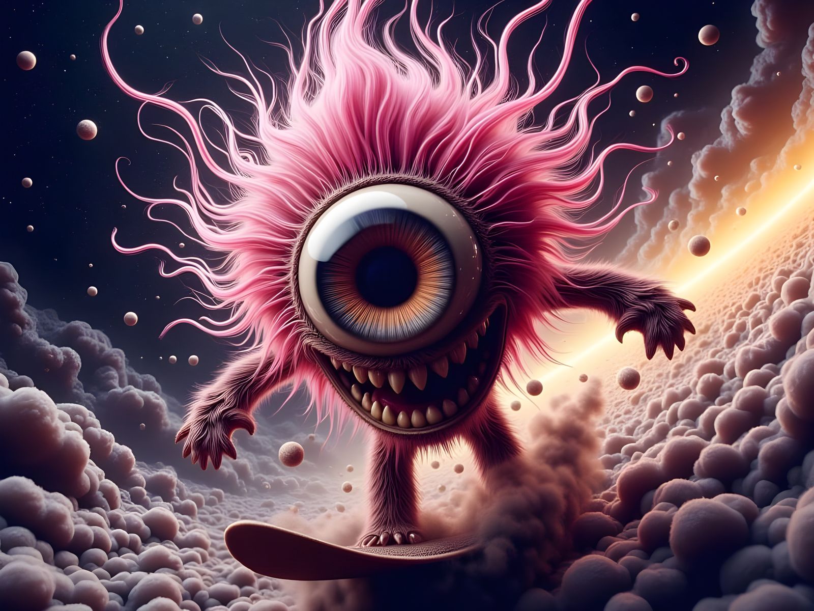 Surreal Cosmic Monster Surfer in Hyper-Detailed Textures