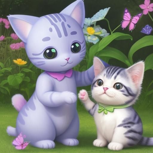 Cute Chibi Cat Plays With Butterfly