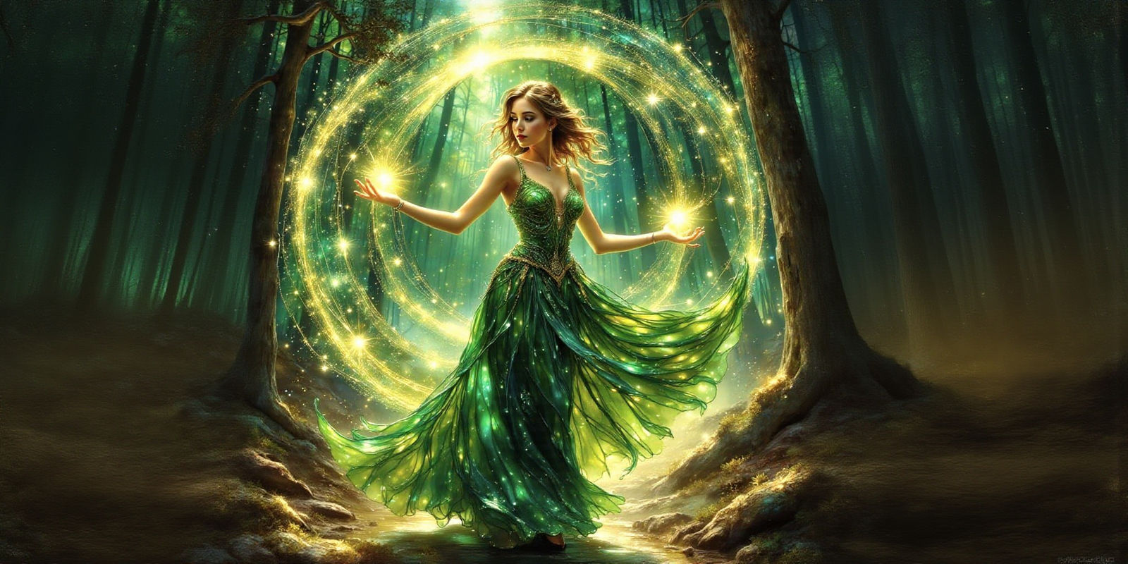 Anime Enchantress Manipulates Mystical Green Aura