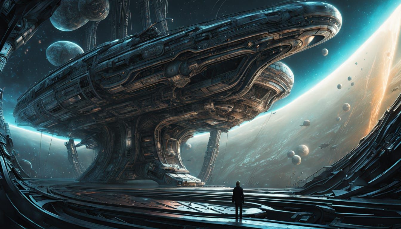 Metallic Starship in Deep Space with Neon Lights