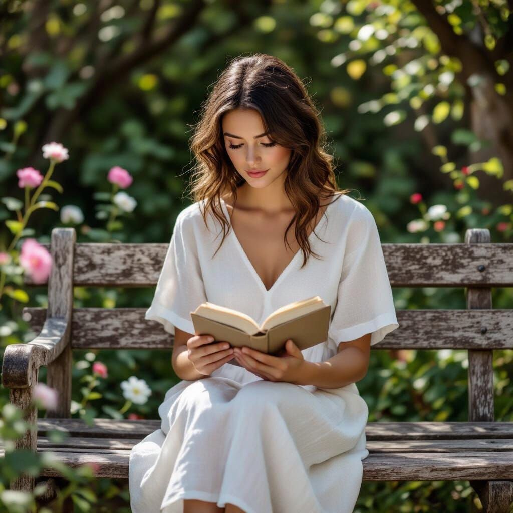 Woman Reading in Garden, Soft Light, Shallow Depth of Field