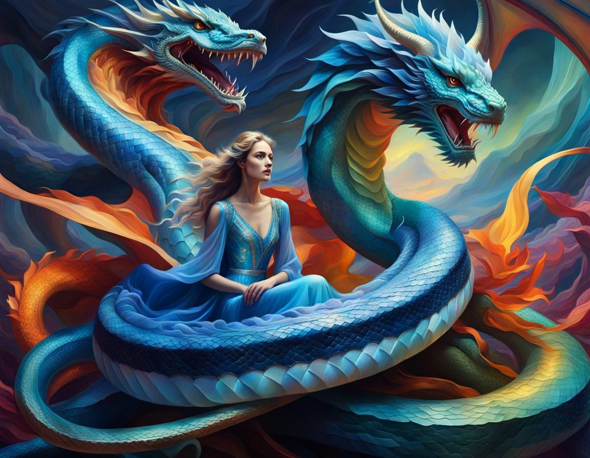 Fantasy Woman with Dragon and Prismatic Lion