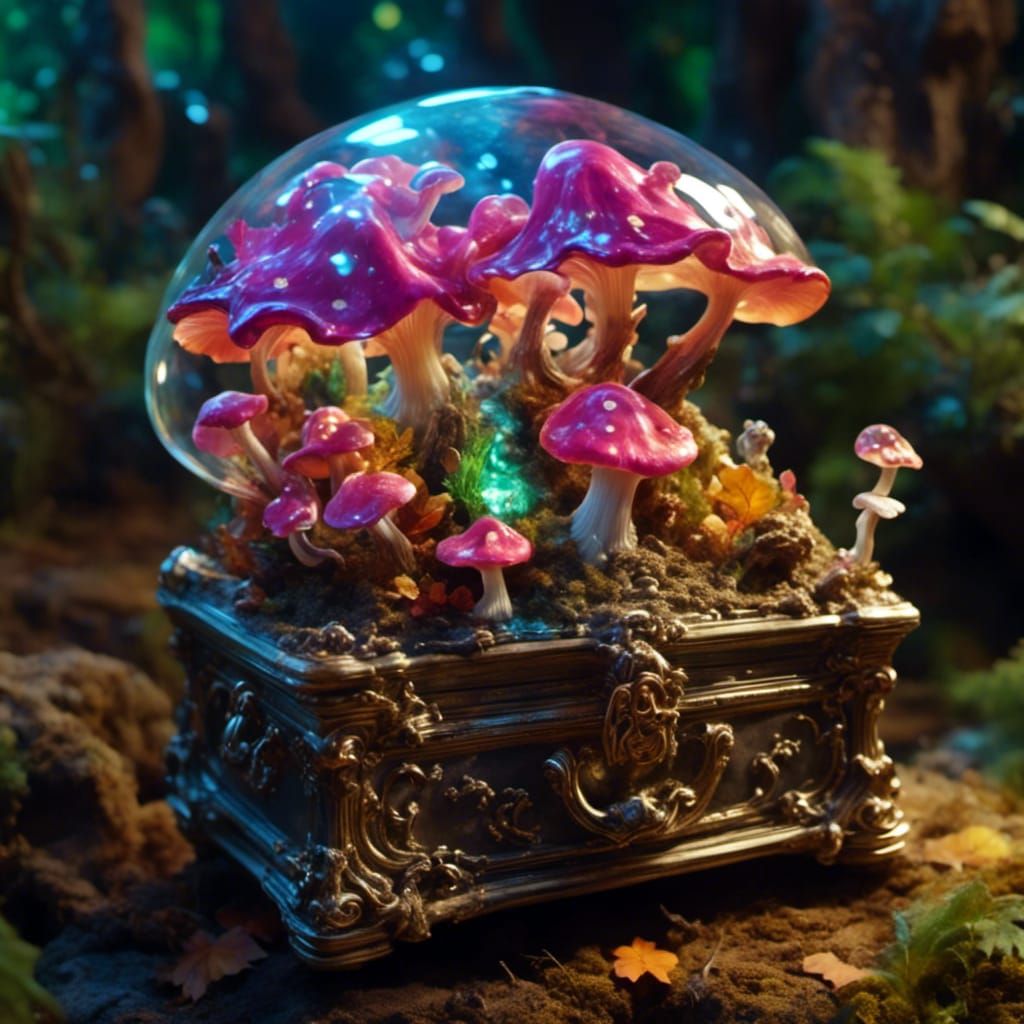 Mushroom Fantasy World Inside Glass Treasure Chest