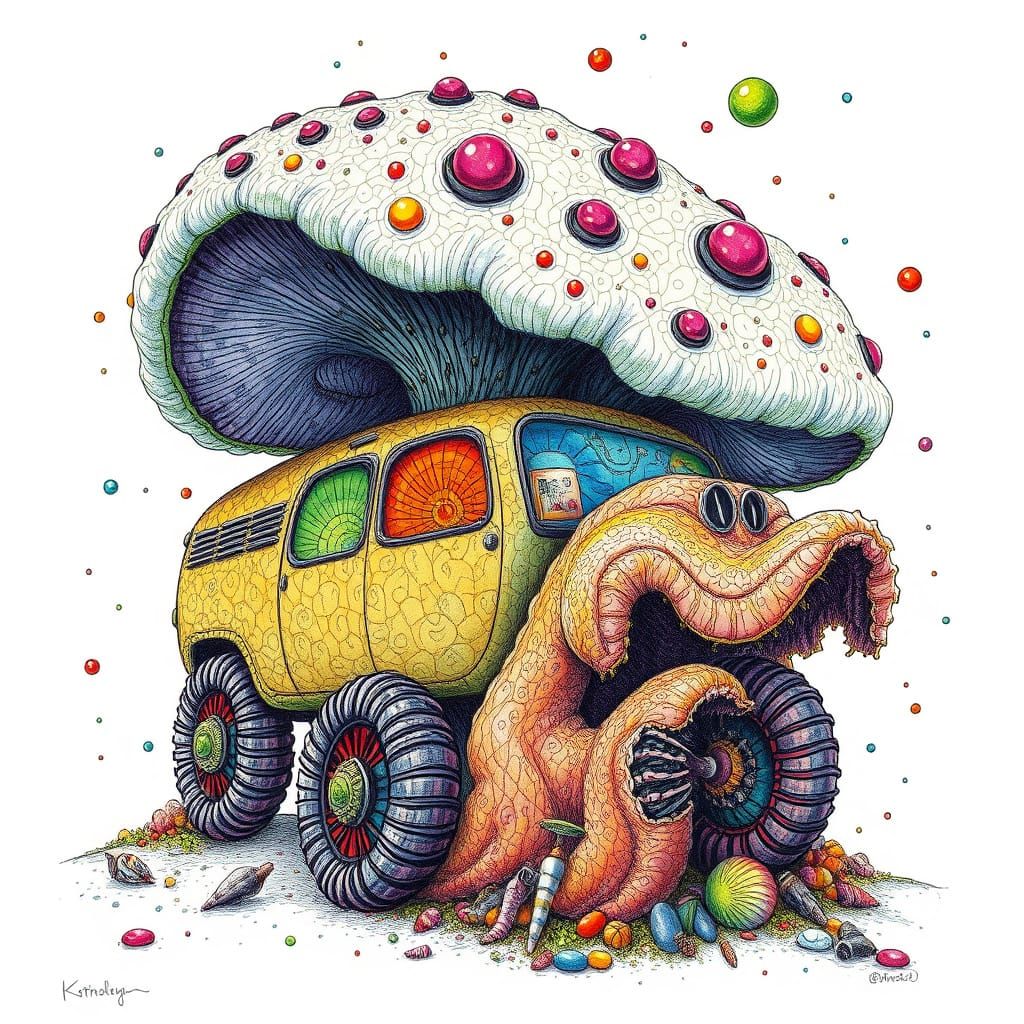 Surreal Fungal Vehicle in Post-Impressionist Style