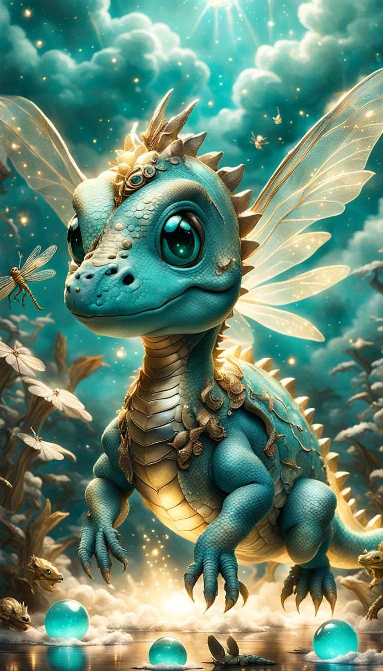 Turquoise Baby Dino with Fairy Wings Fantasy Art