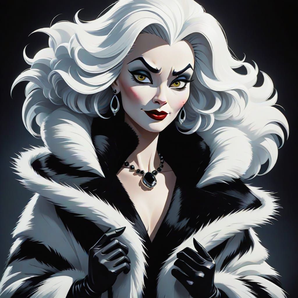 Cartoon Cruella de Vil in Iconic Fur Coat