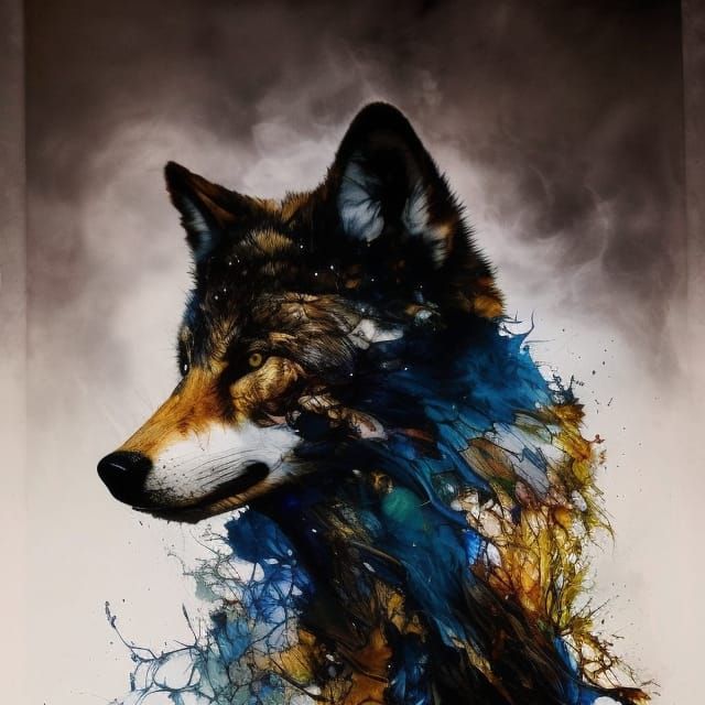 Hyperrealistic Wolf Cub Portrait in Inkblot Style