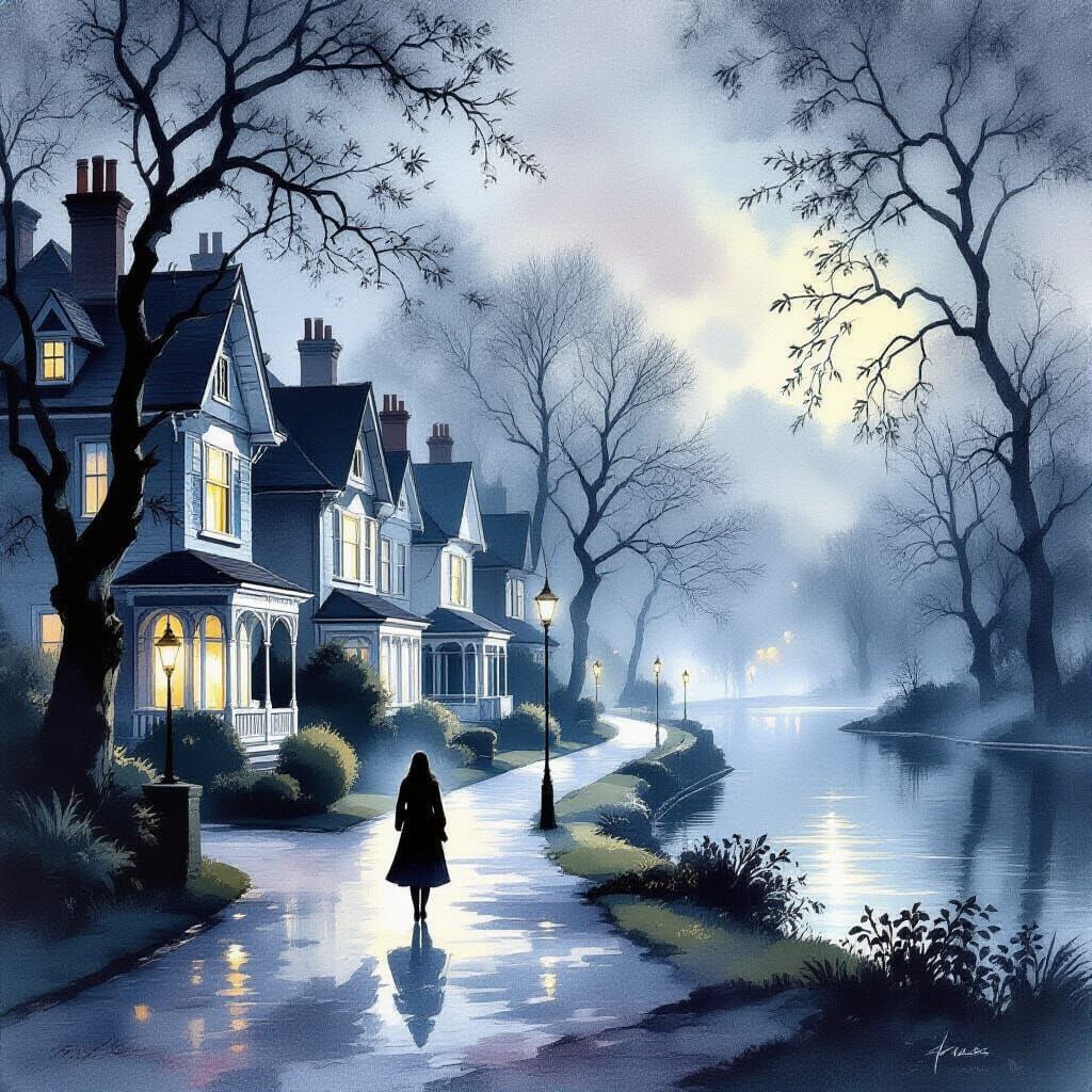 Victorian Homes by Lake in Foggy Night