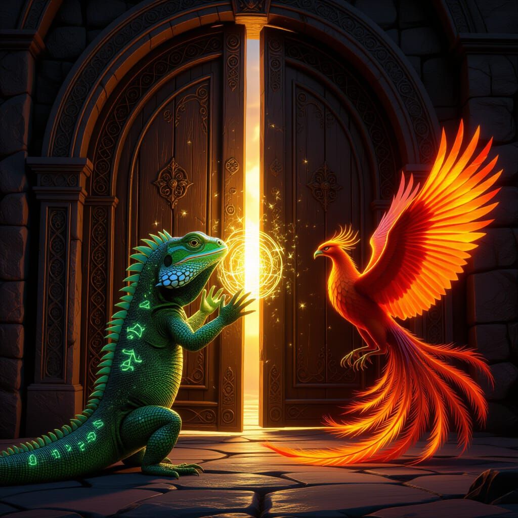 Lizard Mage Opens Portal With Phoenix Companion