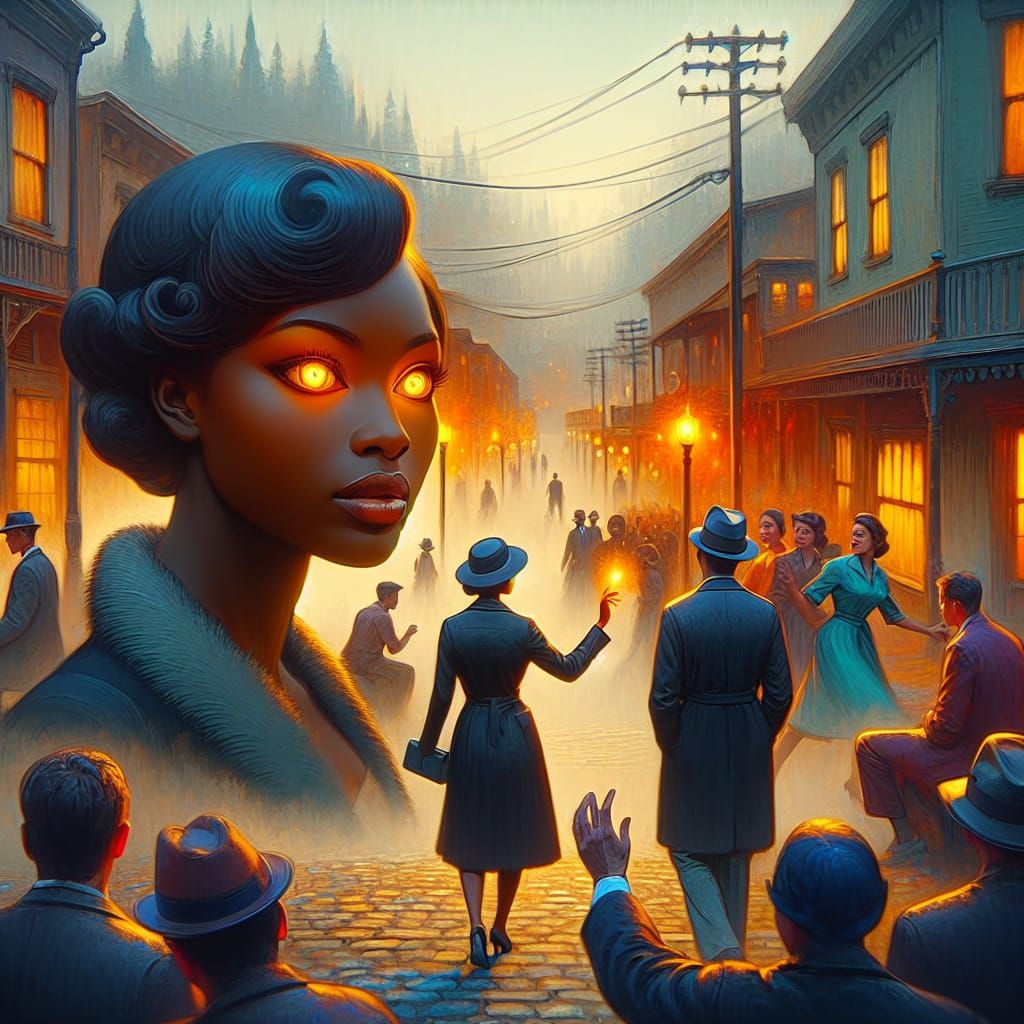 Black Woman with Amber Eyes in 1950s Fantasy Street Scene