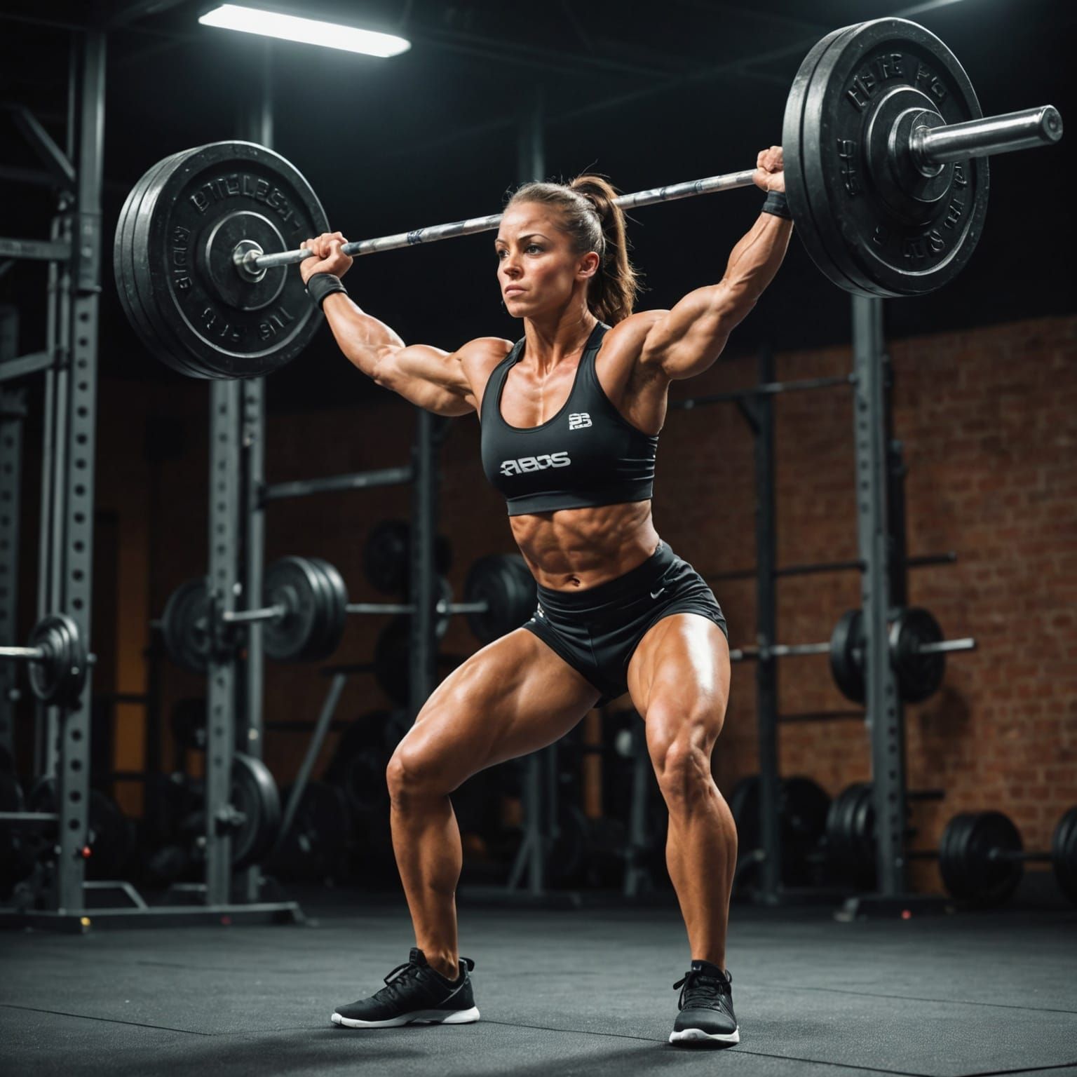 Muscular Female Weightlifter in Victorious Fitness Pose