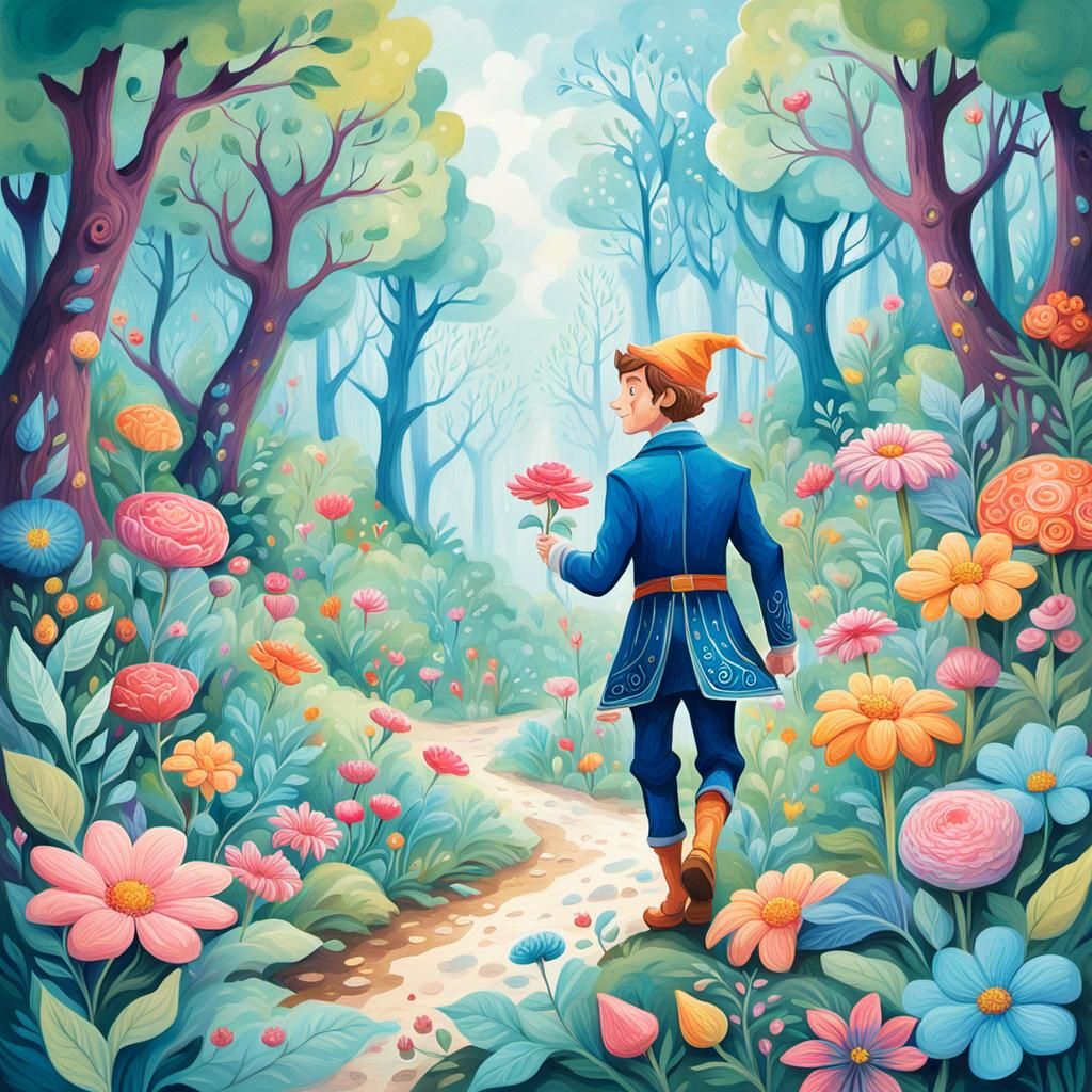 Blue Elf Walking in Dreamy Gouache Forest