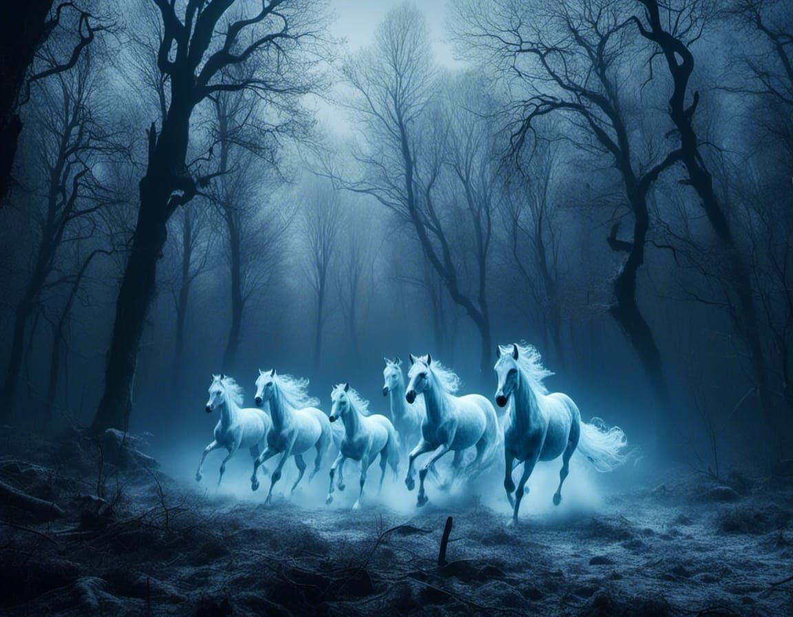 Ethereal Horse Patronuses Galloping in Moonlit Forest