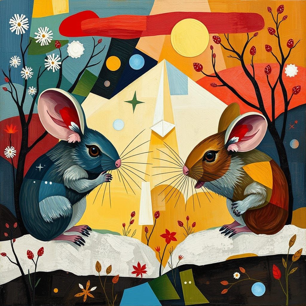 Mice in Dynamic Cubist Landscape with Abstract Expressionism