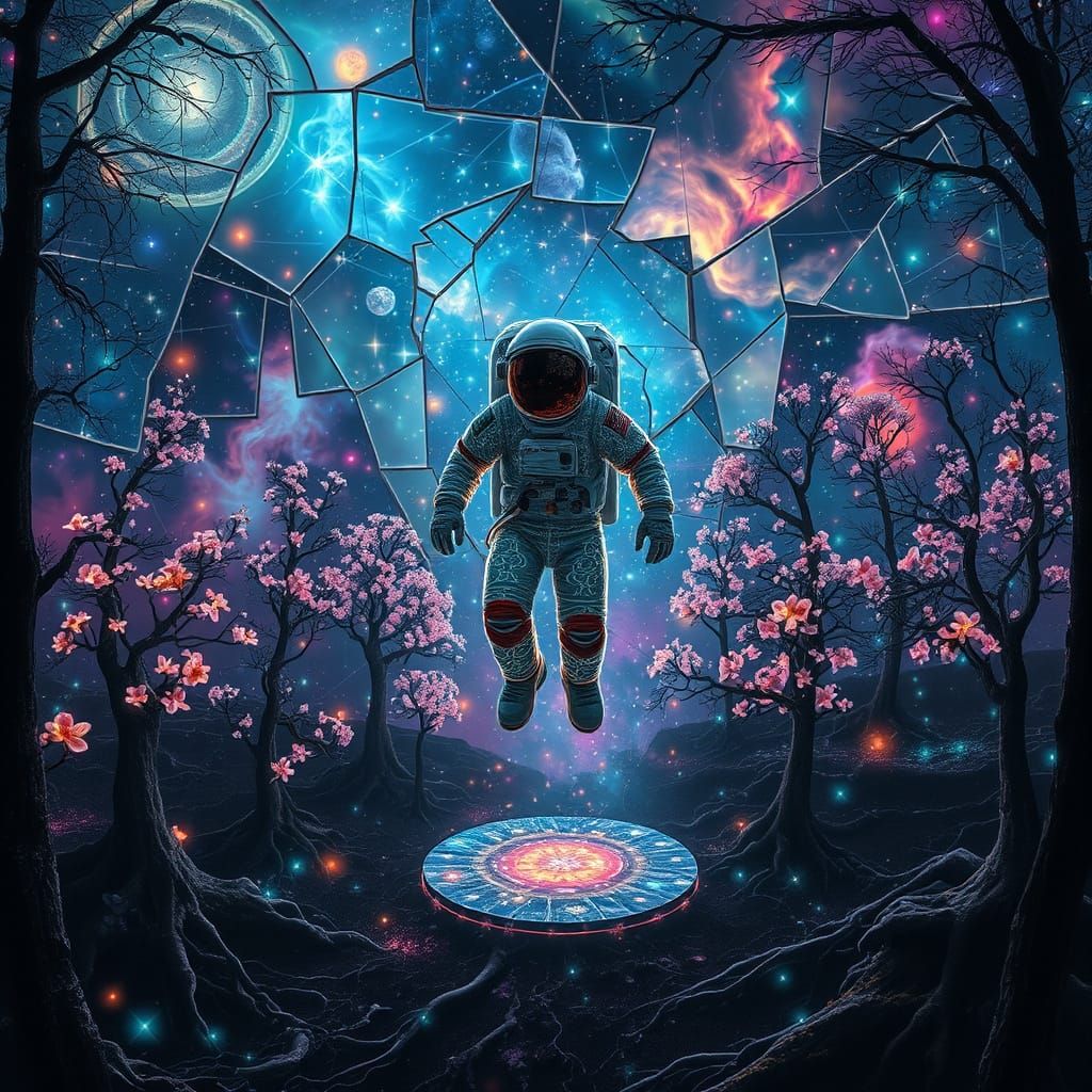 Ethereal Astronaut Drifts in Bioluminescent Nebula