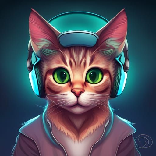 Cute Cat with Headphones Portrait in Hyperdetailed Style
