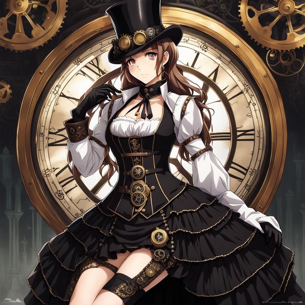 Steampunk Girl in Anime Style Black Dress