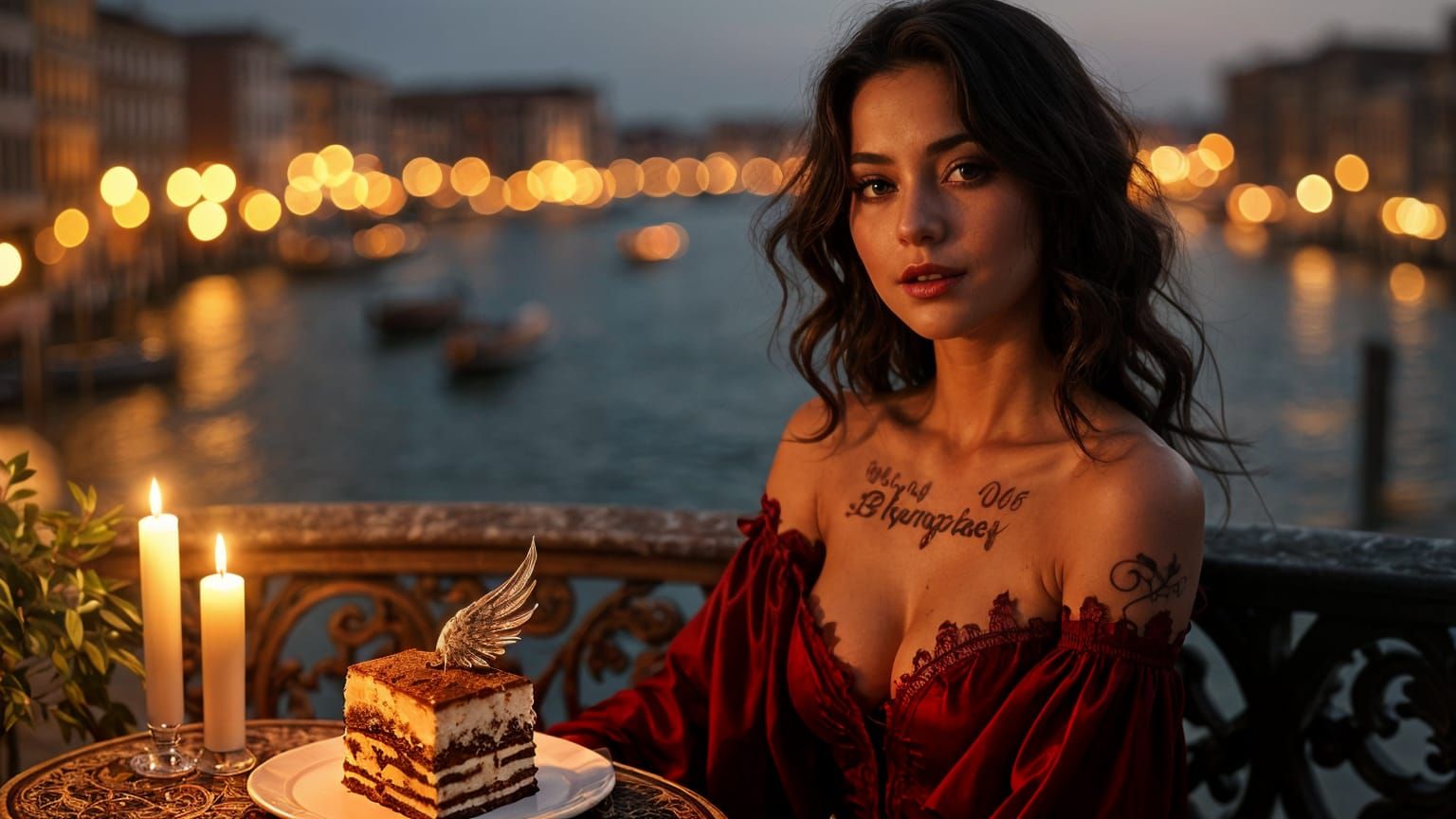 Woman in Crimson Gown on Venice Balcony, Tiramisu Dessert