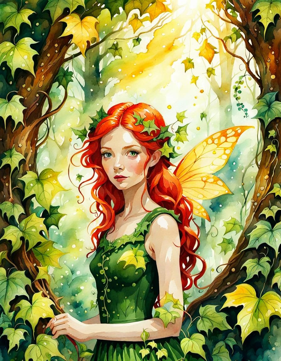 Redheaded Fairy in Forest, Watercolor Style