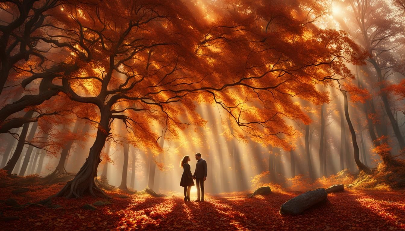 Couple in Autumn Forest: Hyperrealistic 3D Rendering