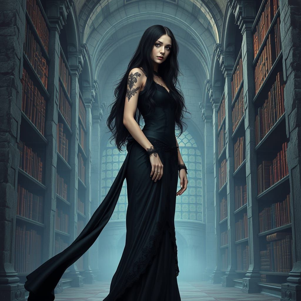 Gothic Lady in Decaying Library, Dark Academia Style