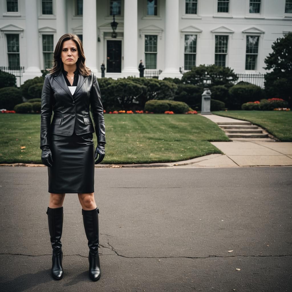 A full-body image of Elise Stefanik, angry face, dressed in a strict black business leather suit, black leather gloves, ...