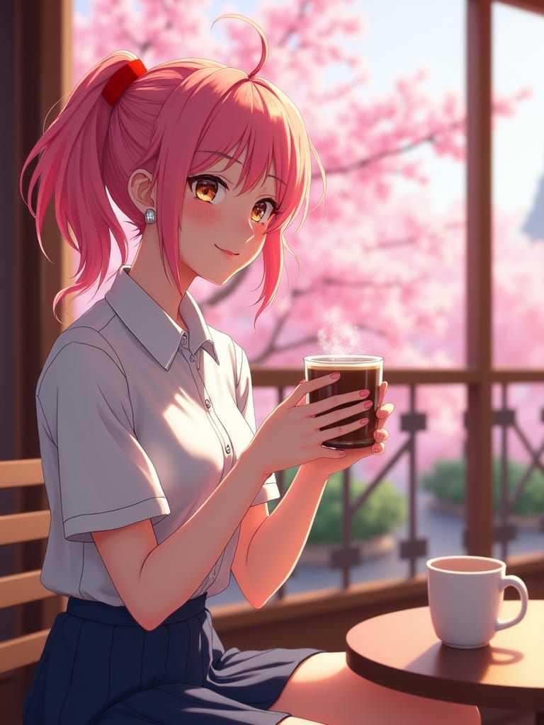 Japanese Girl at Café with Cherry Blossoms