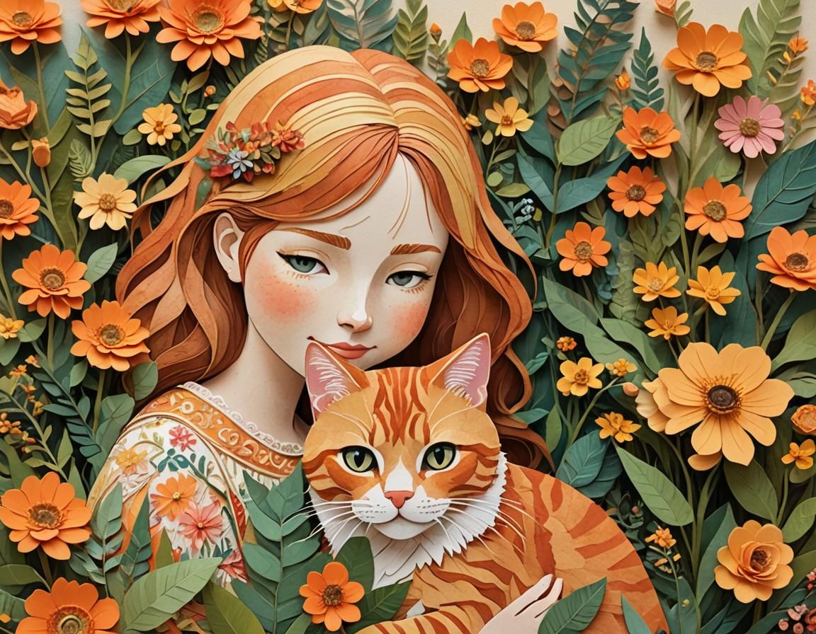 Girl Hugs Cat in Hyperdetailed Paper Collage