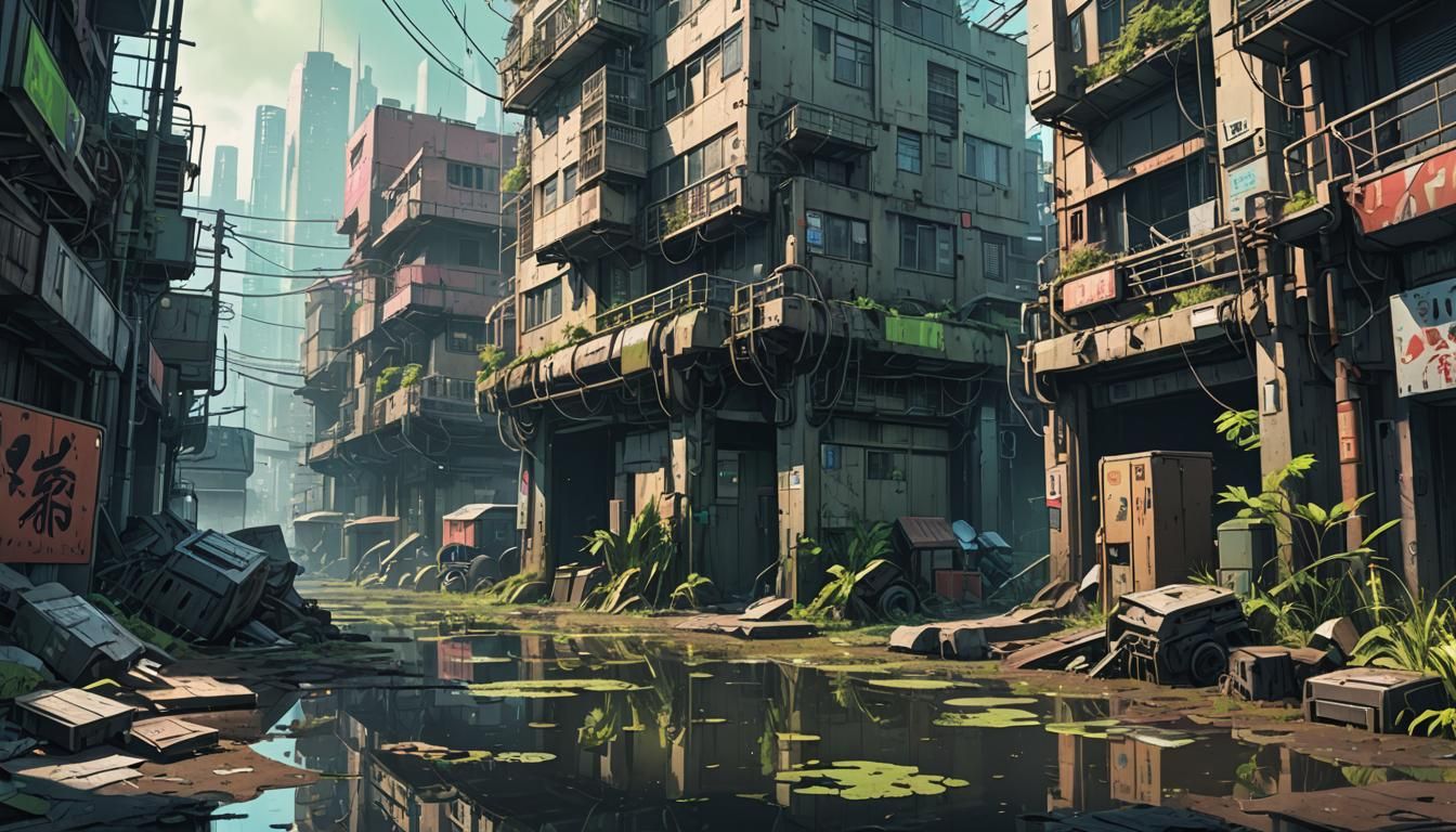 Cyberpunk Alley Swamp Scene in Anime Style