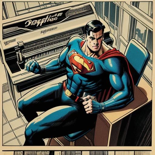 Superman sitting at a cubical, 1930's comic