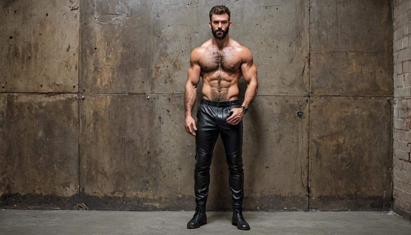 Muscular Hairy Man in Leather Outfit