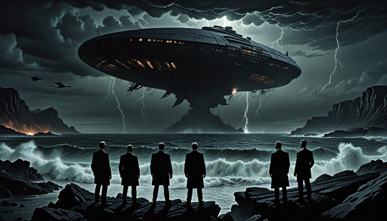 Men in Black Face Towering Tsunami at Night