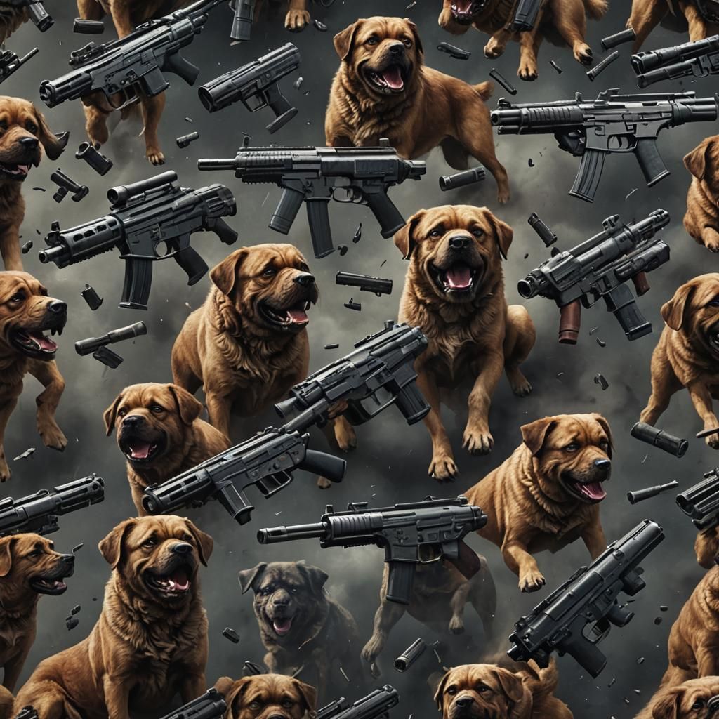 Angry Dog with Gun and Six Pack
