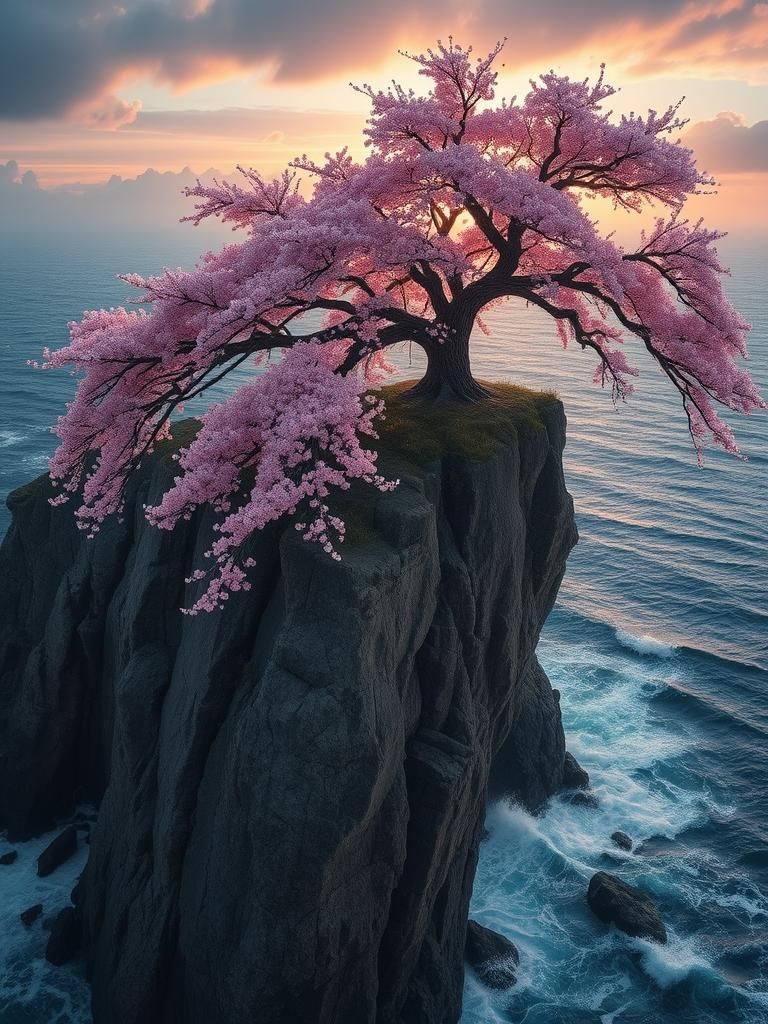 Cherry Blossoms Cascade Down Rugged Cliffside