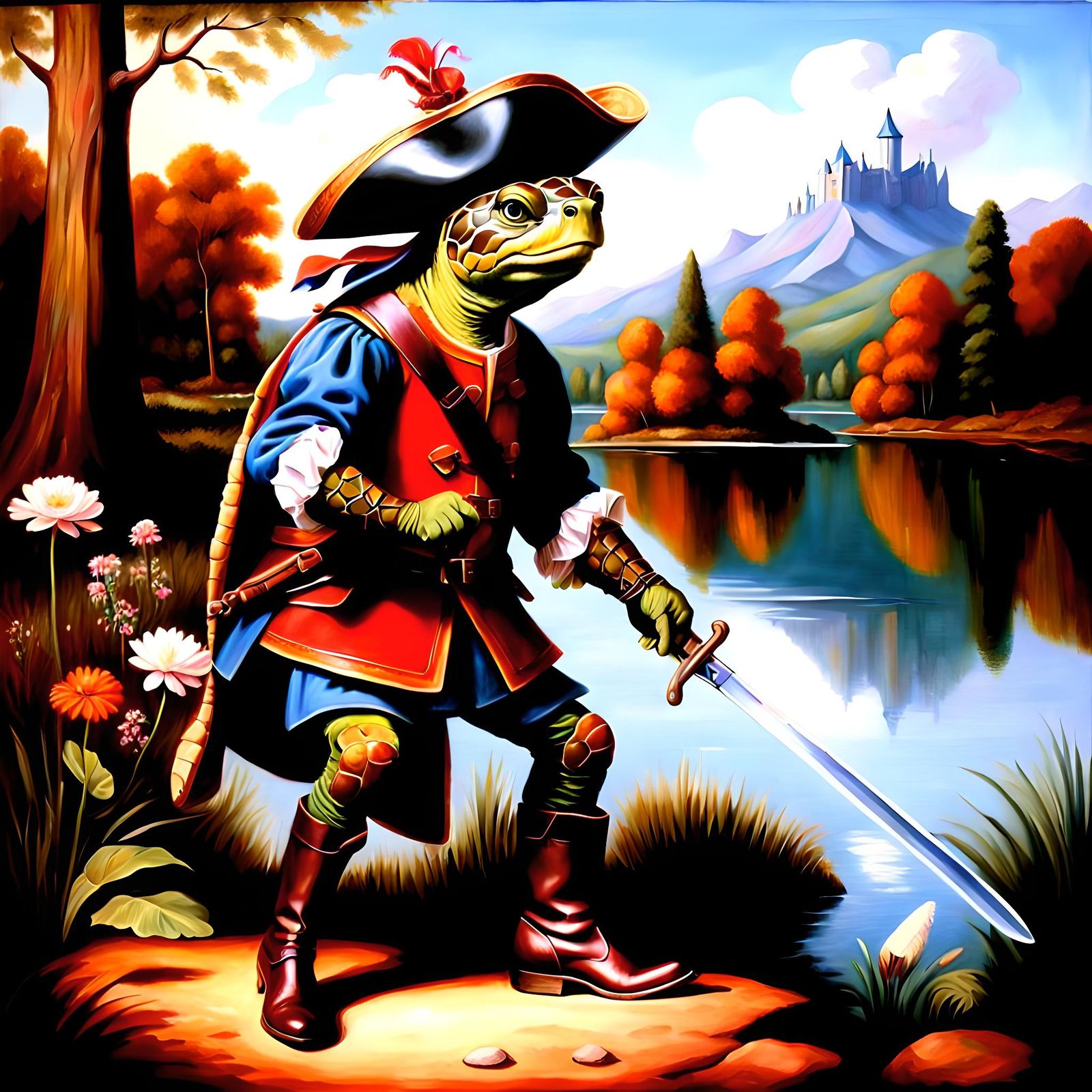 Turtle as Puss in Boots Oil Painting