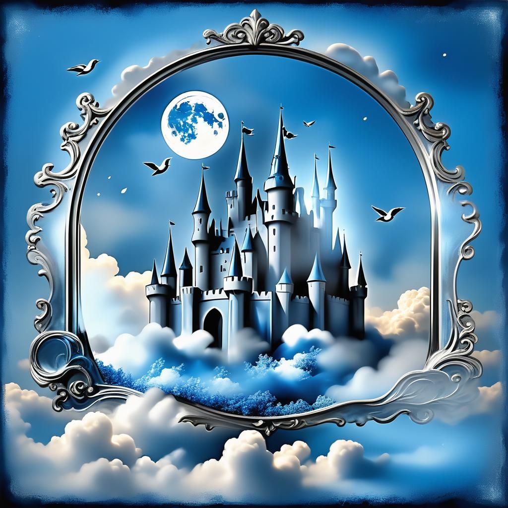 Silver and Blue Surreal Castle Floating on Clouds
