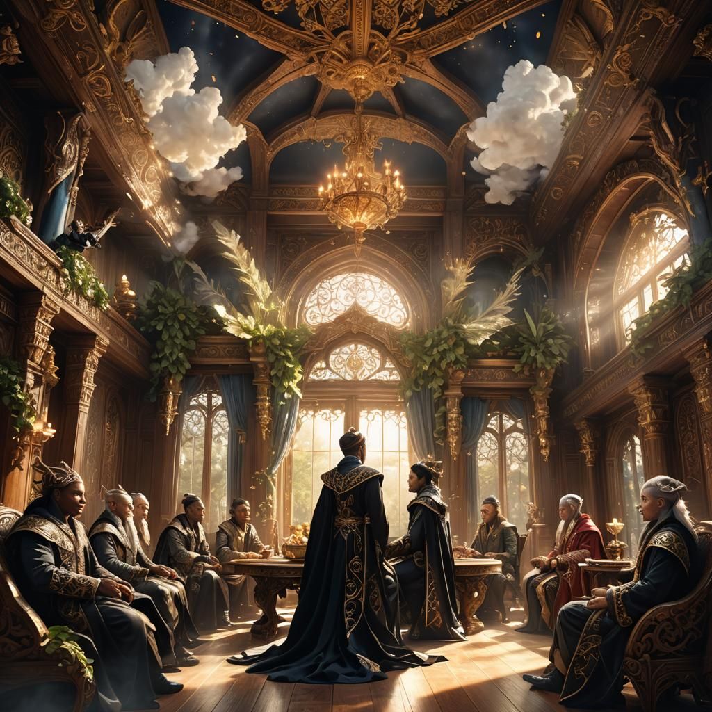 Elven Council in Ornate Hall: High Fantasy Illustration
