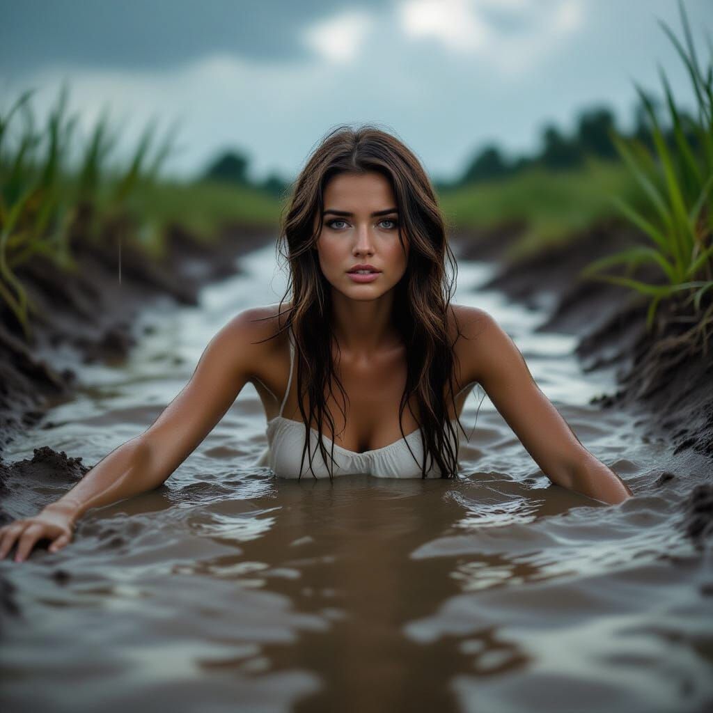 Woman Sinking in Sticky Mud Under Stormy Skies