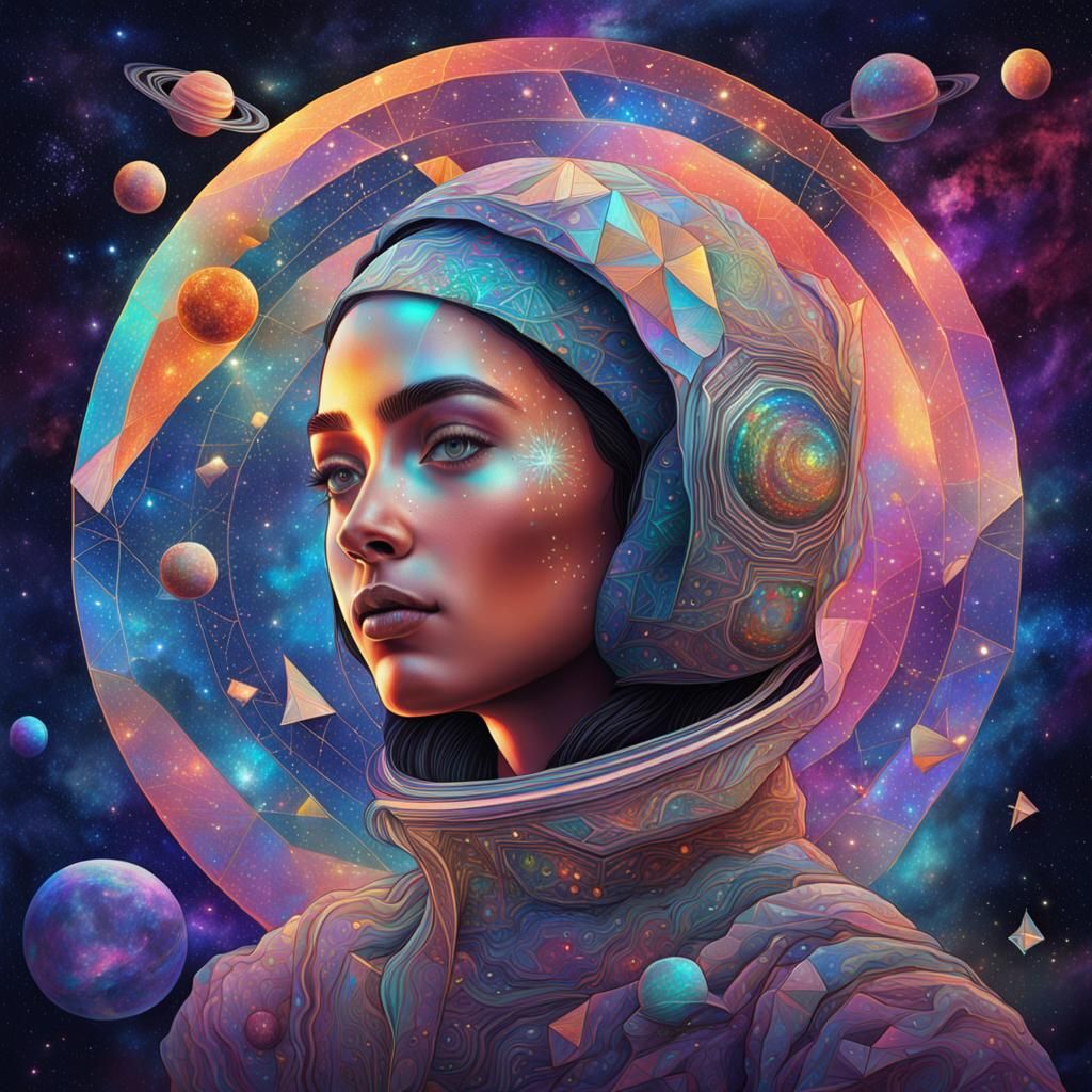 Woman in Geometric World, Holographic Astral Illustration
