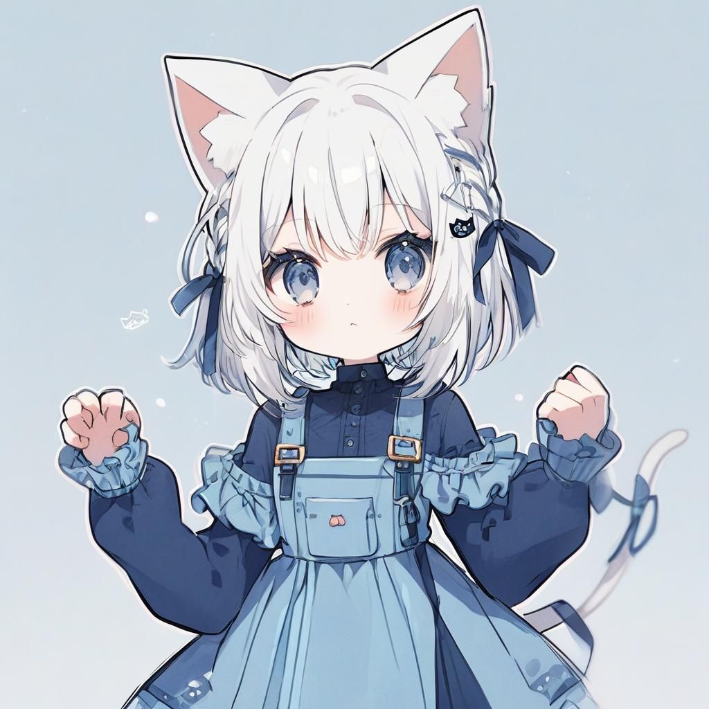 Cute Anime Cat Girl with White Hair in Blue