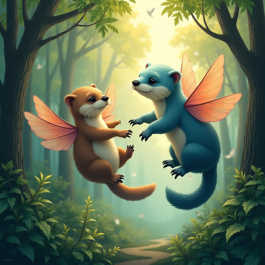 Winged Otters Soaring in a Misty Forest