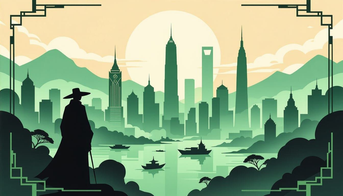 Eerie Art Deco Chongqing Skyline in Green Tones