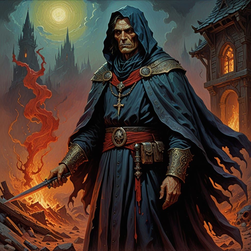 Sinister Warlock-Priest of Wastelands in Expressionist Style