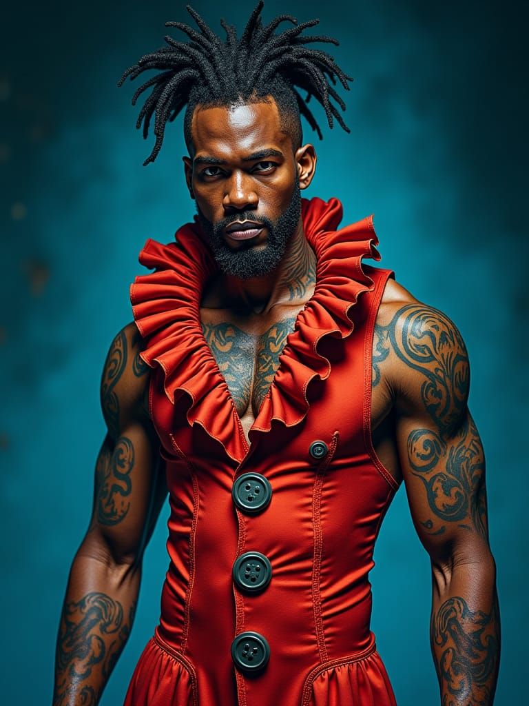 Tattooed Man in Clown Costume: Pop Art Portrait