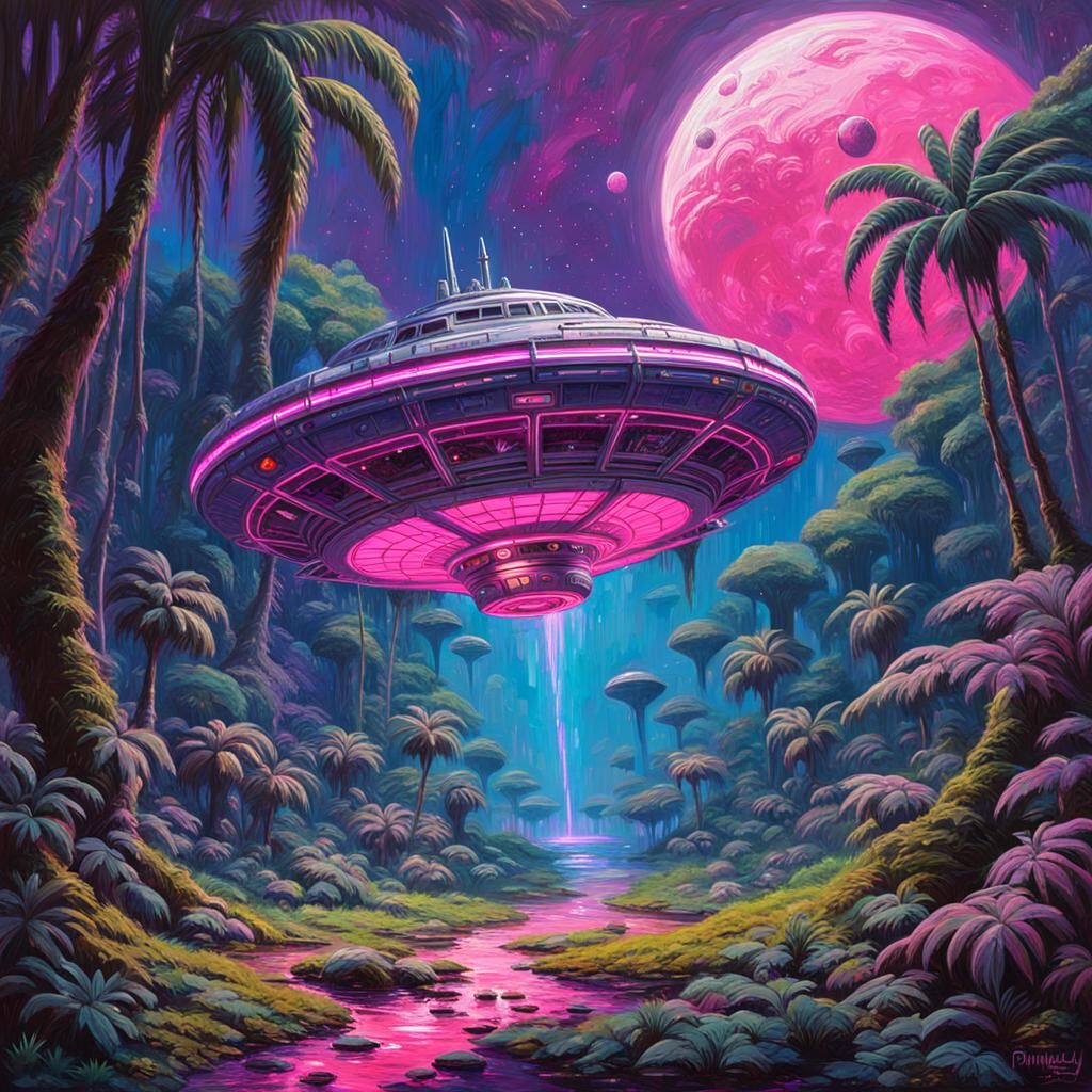 Crashed Spaceship in Neon Jungle, Oil Painting