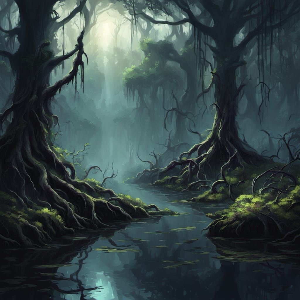 Dark Swamp Concept Art with Ethereal Mist
