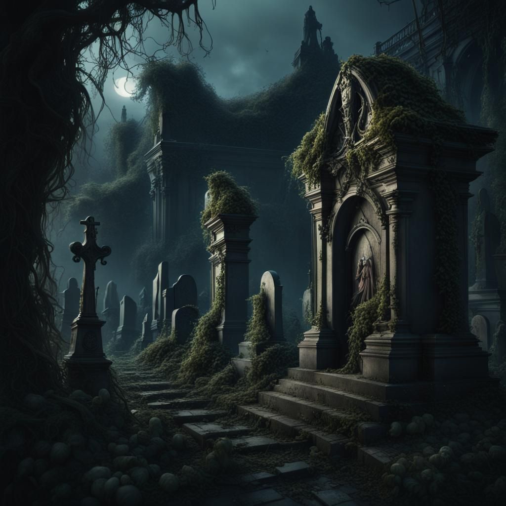 Dark Overgrown Cemetery with Ancient Graves
