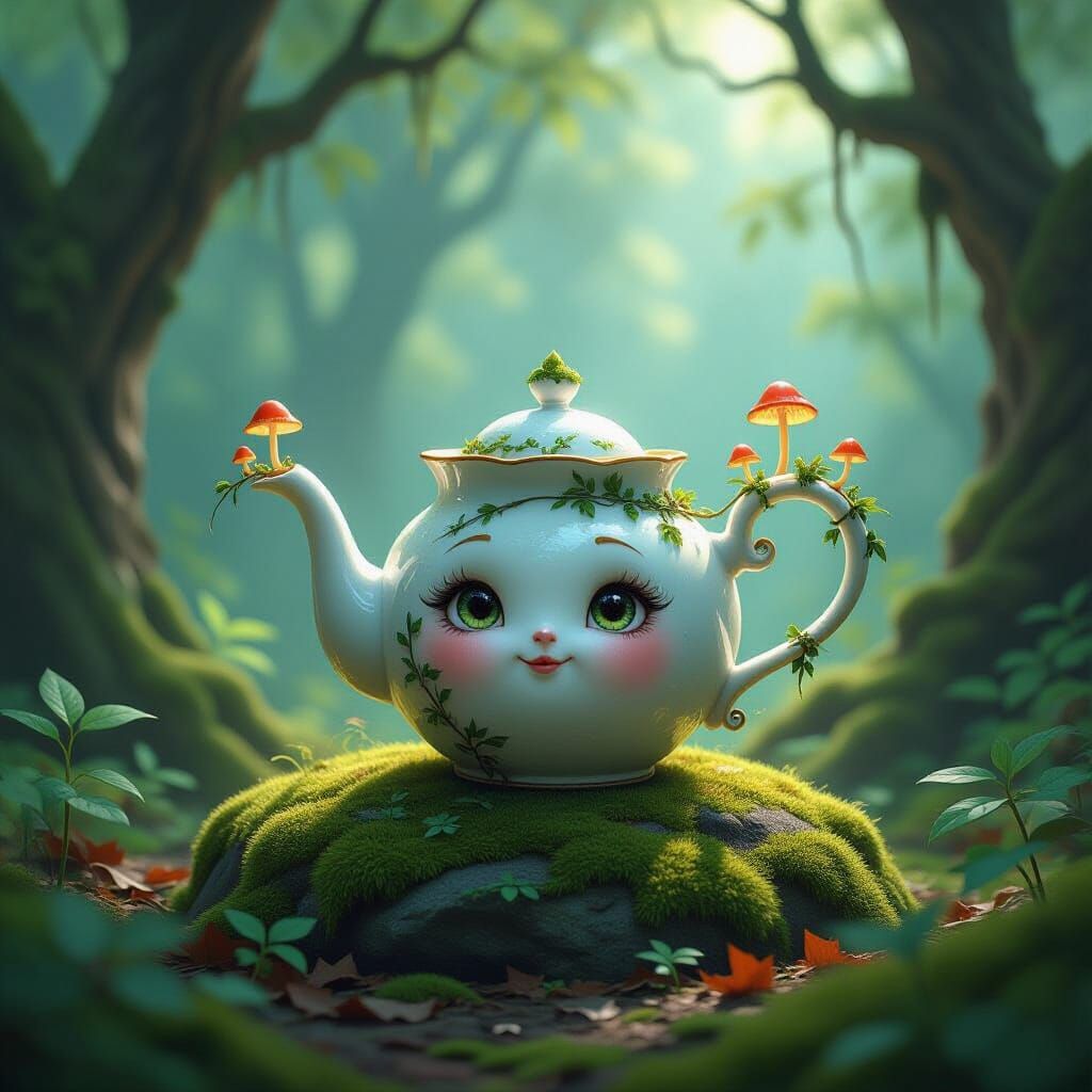 Whimsical Teapot in Enchanted Forest Clearing