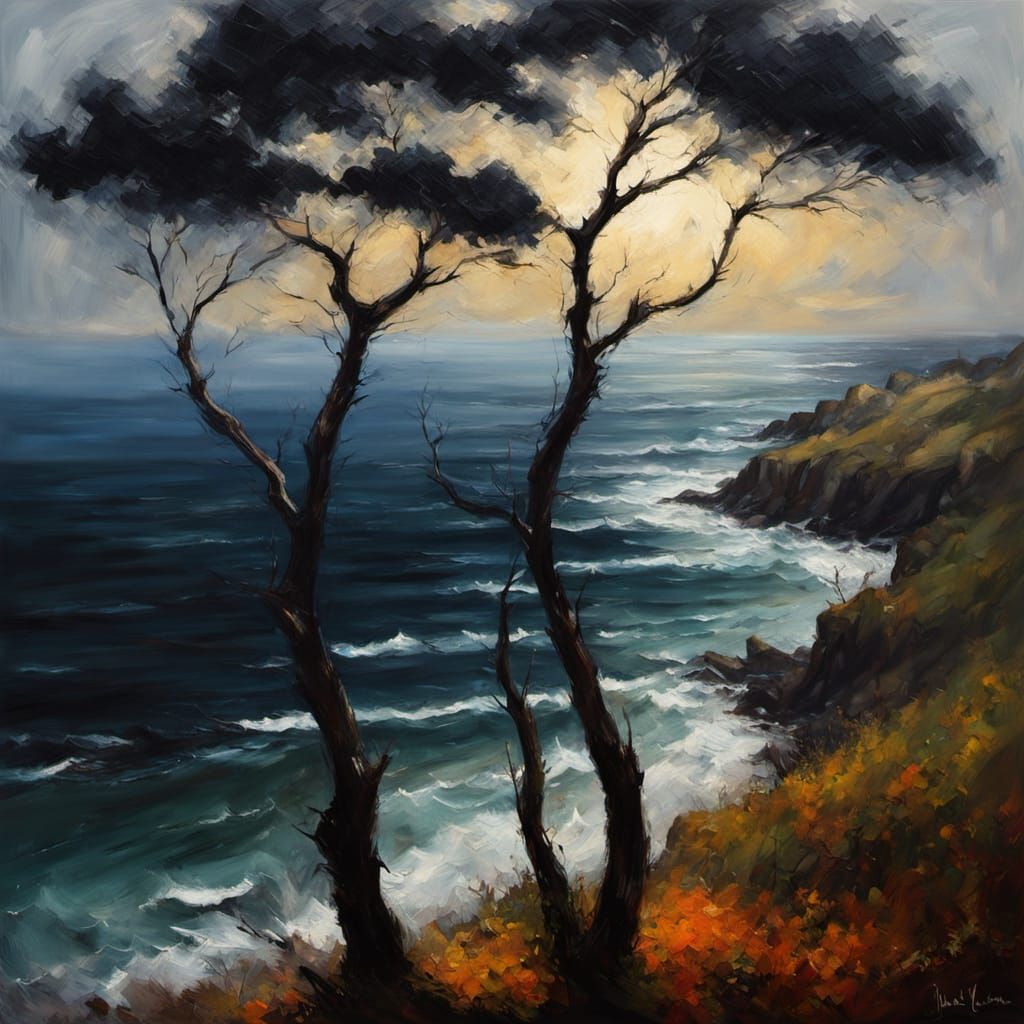 Impressionistic Oil Painting of Wind-Tossed Trees Over a Chu...